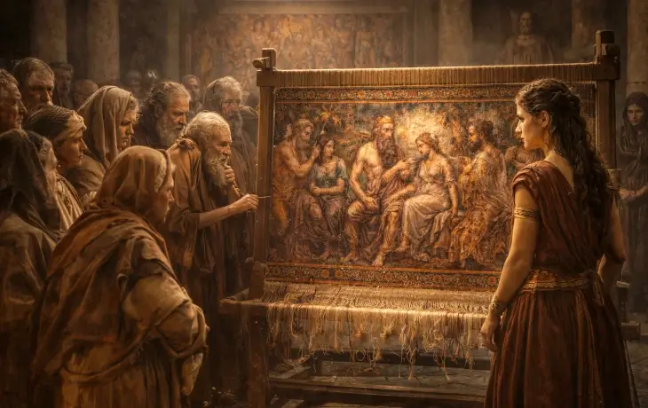 Arakne’nin dokuduğu sahnelerin insanlar tarafından incelendiği ve hayranlıkla izlendiği an